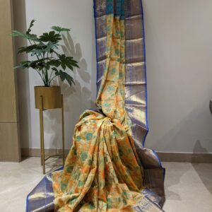 Beautiful Floral Self Design Printed Jacquard Silk Saree In Yellow and Blue