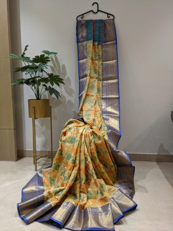 Beautiful Floral Self Design Printed Jacquard Silk Saree In Yellow and Blue