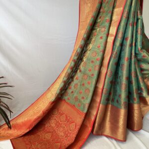 Green Floral Design Silk Saree With Red Contrast Blouse