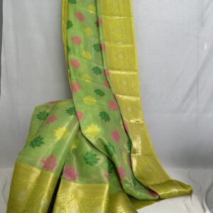 Yellow Green Silk Saree With Multicolor Lotus Designs