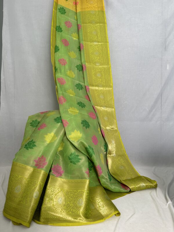 Yellow Green Silk Saree With Multicolor Lotus Designs