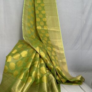 Green Saree in Yellow Motifs With Contrast Blouse