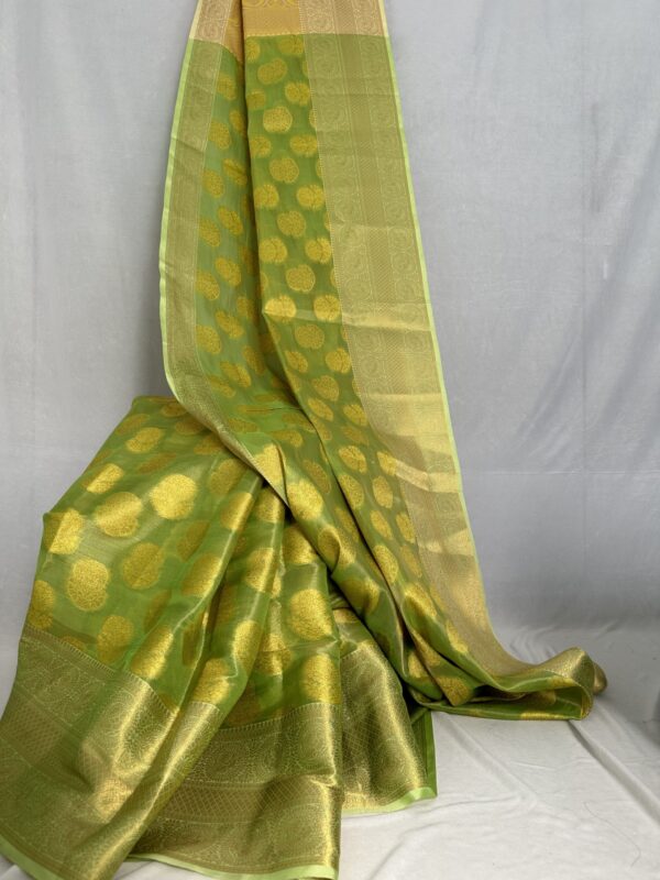 Green Saree in Yellow Motifs With Contrast Blouse