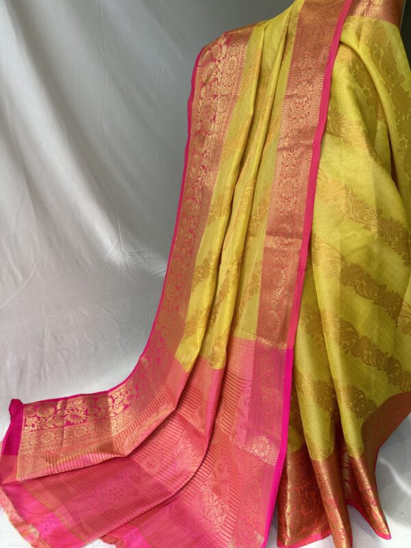 Yellow and Pink Silk Saree With Matching Blouse