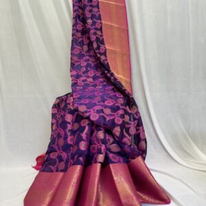 Purple Saree In Pink Border Matched With Pink Blouse