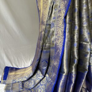 Royal Blue Saree Rose Design With Matching Blouse