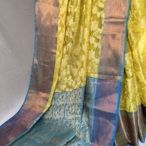 Yellow Floral Design Silk Saree With Contrast Blouse