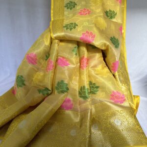 Yellow Silk Saree In Floral Designs With Pink Blouse