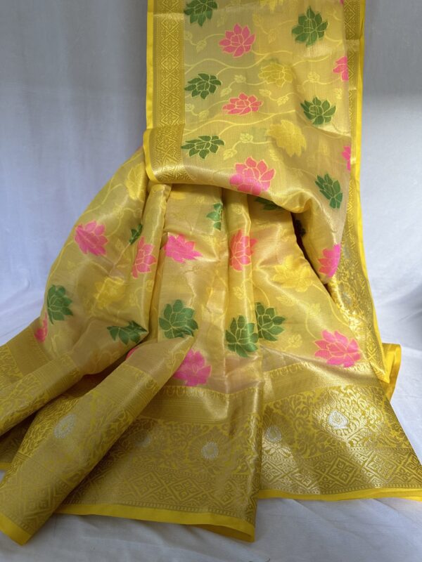 Yellow Silk Saree In Floral Designs With Pink Blouse